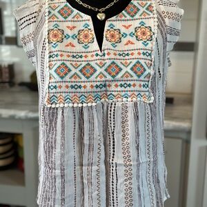 Savanna Jane White and Blue Embroidered Blouse
